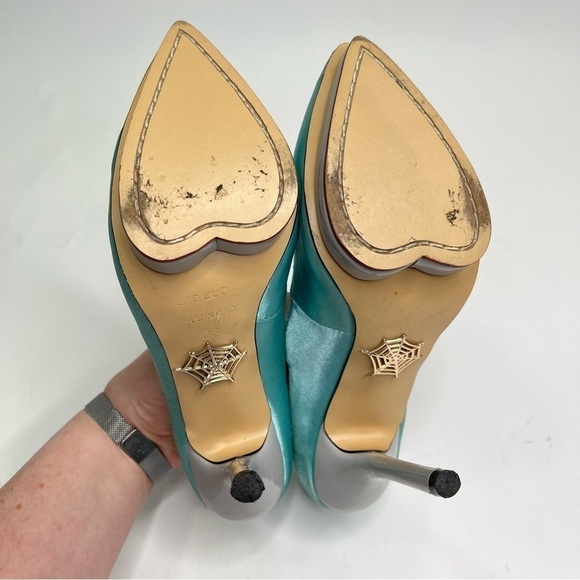 CHARLOTTE OLYMPIA Teal Aquamarine Satin Pointed-Toe Platform Grey Pumps Heels - Picture 10 of 12